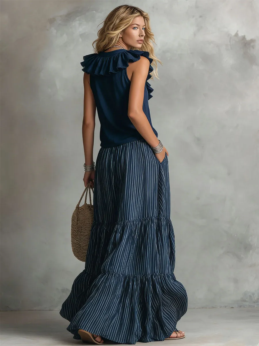 V-neck Ruffled Sleeveless Top And Striped Printed Skirt Chiffon Set sold by Oyrosy product image thumbnail 3