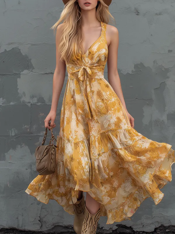 Fashionable Retro Printed Yellow V-neck Sleeveless Chiffon Midi Dress made by Oyrosy