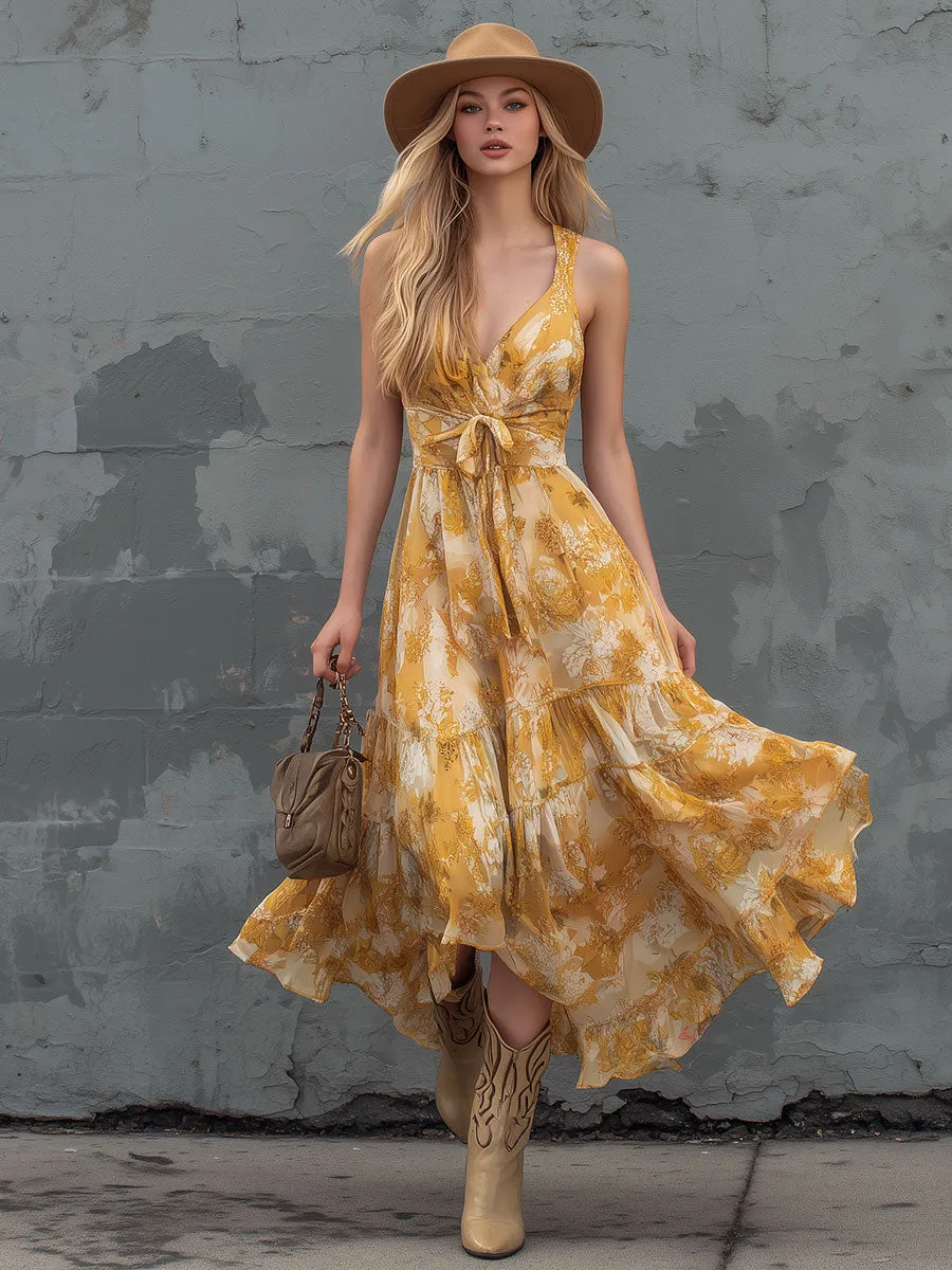 Fashionable Retro Printed Yellow V-neck Sleeveless Chiffon Midi Dress sold by Oyrosy product image thumbnail 3
