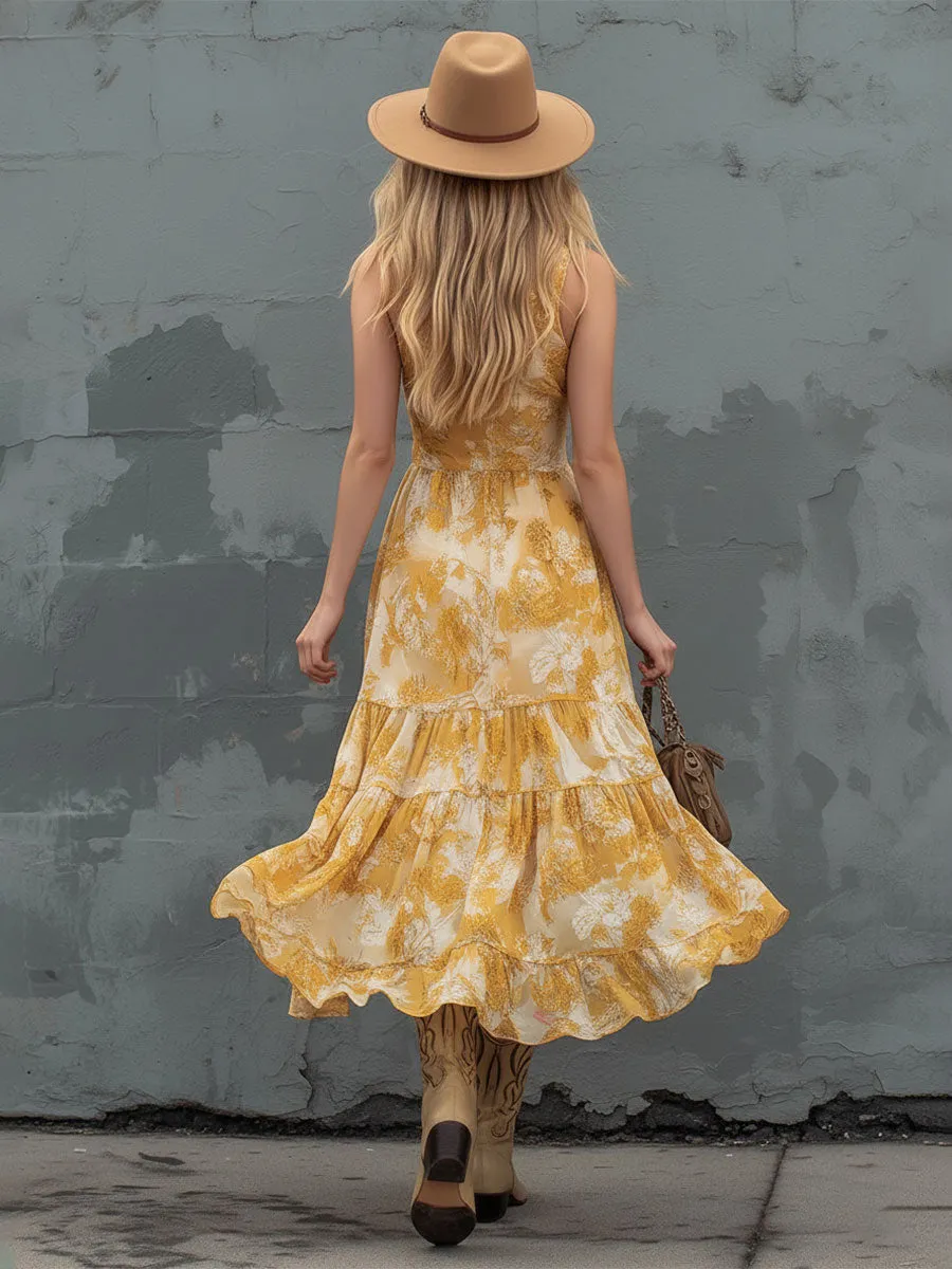 Fashionable Retro Printed Yellow V-neck Sleeveless Chiffon Midi Dress sold by Oyrosy product image thumbnail 4