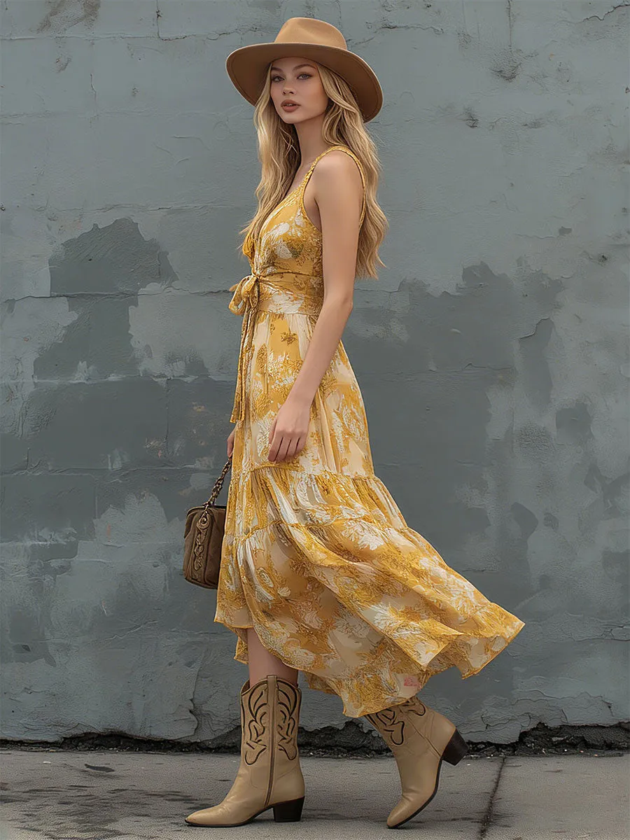 Fashionable Retro Printed Yellow V-neck Sleeveless Chiffon Midi Dress sold by Oyrosy product image thumbnail 2