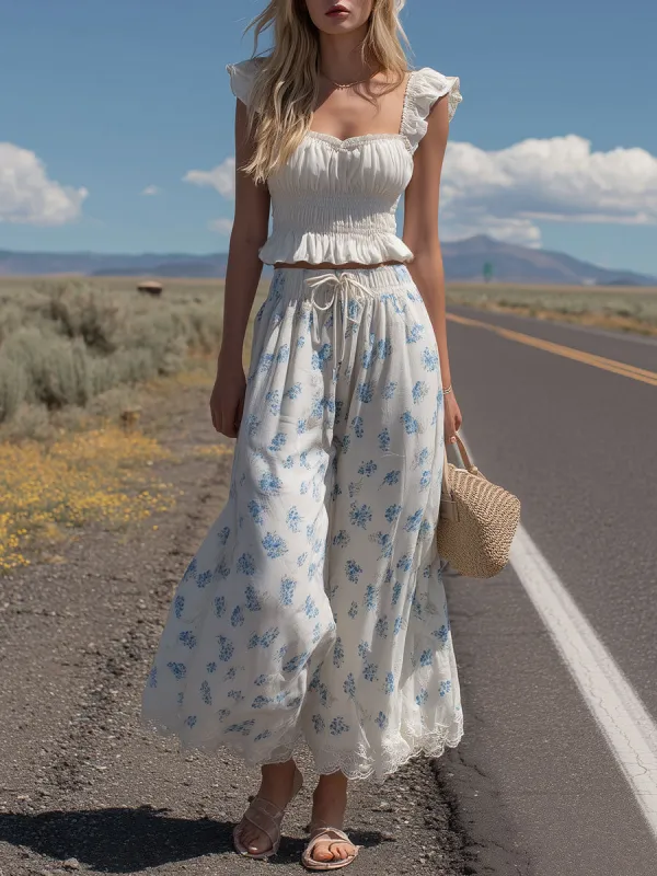 Western-style Retro Lace Ruffled White Sleeveless Top And Printed Wide-leg Pants Set made by Oyrosy