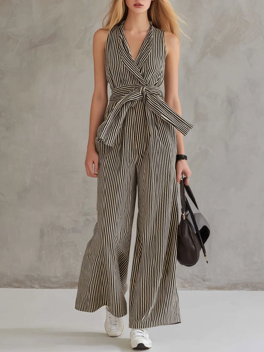 Fashionable Retro Striped Sleeveless Collared Cotton-linen Jumpsuit sold by Oyrosy
