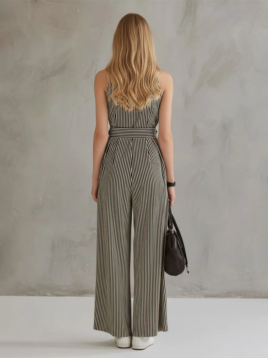 Fashionable Retro Striped Sleeveless Collared Cotton-linen Jumpsuit sold by Oyrosy product image thumbnail 3