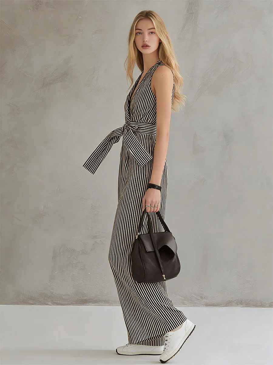 Fashionable Retro Striped Sleeveless Collared Cotton-linen Jumpsuit sold by Oyrosy product image thumbnail 2