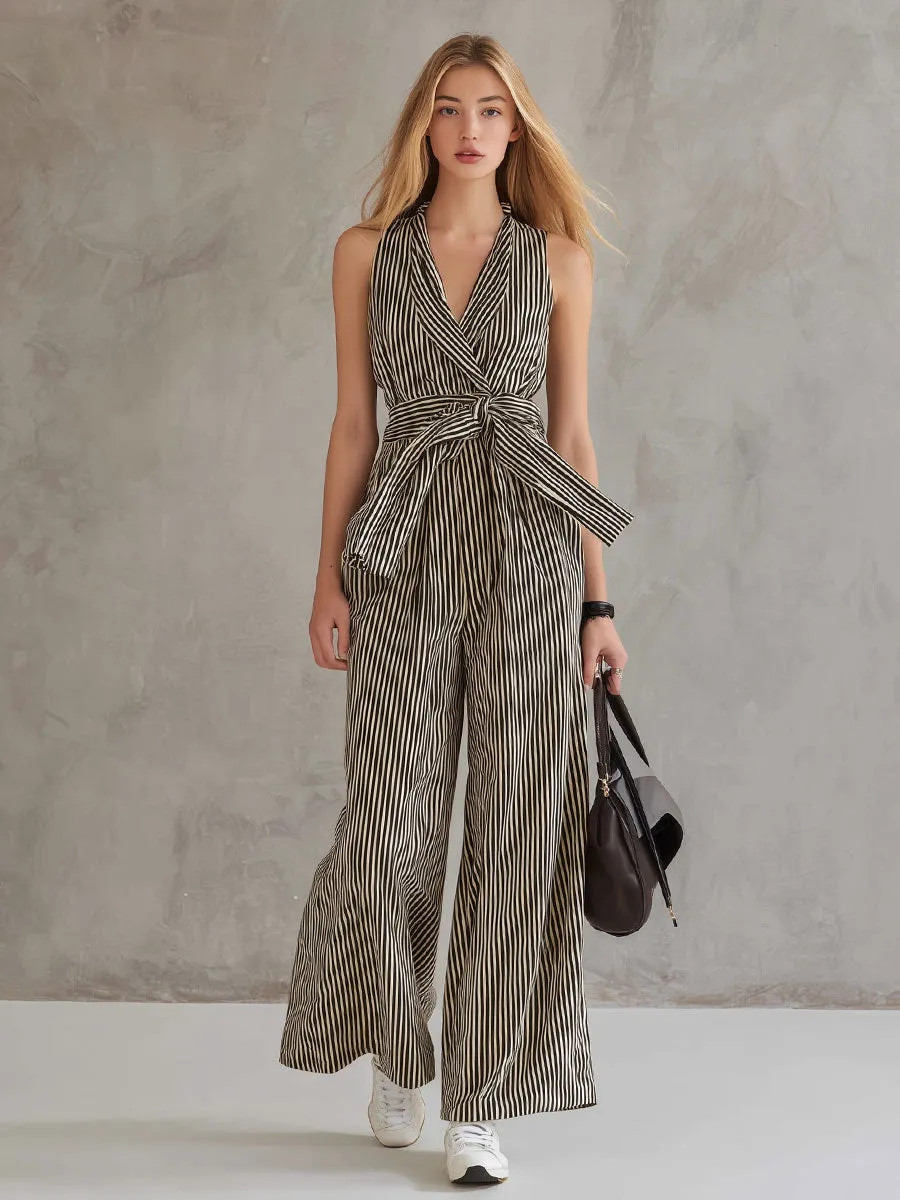 Fashionable Retro Striped Sleeveless Collared Cotton-linen Jumpsuit sold by Oyrosy product image thumbnail 4