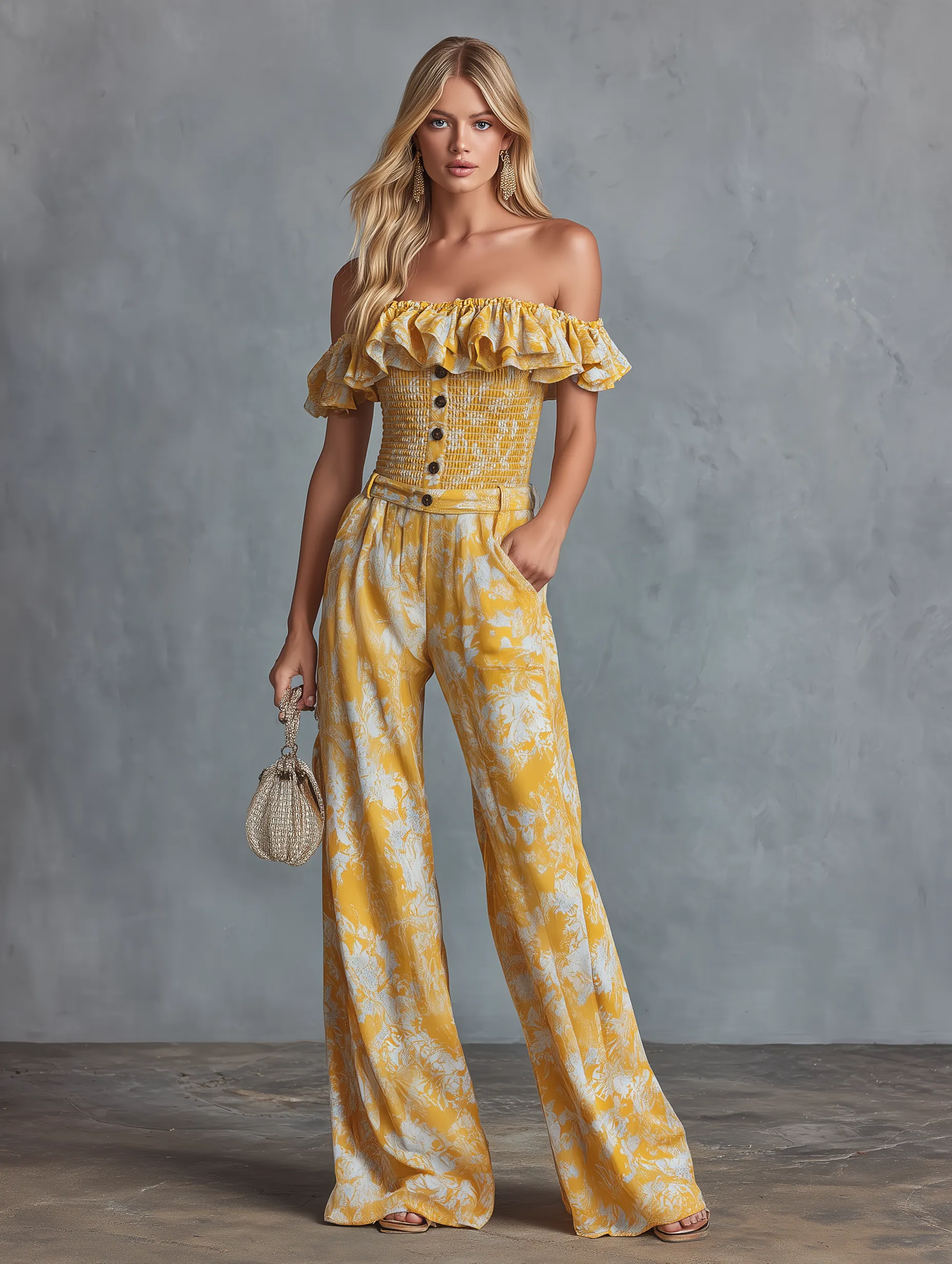 Stylish And Casual Off-the-shoulder Ruffled Top And Printed Chiffon Trousers Set sold by Oyrosy product image thumbnail 4