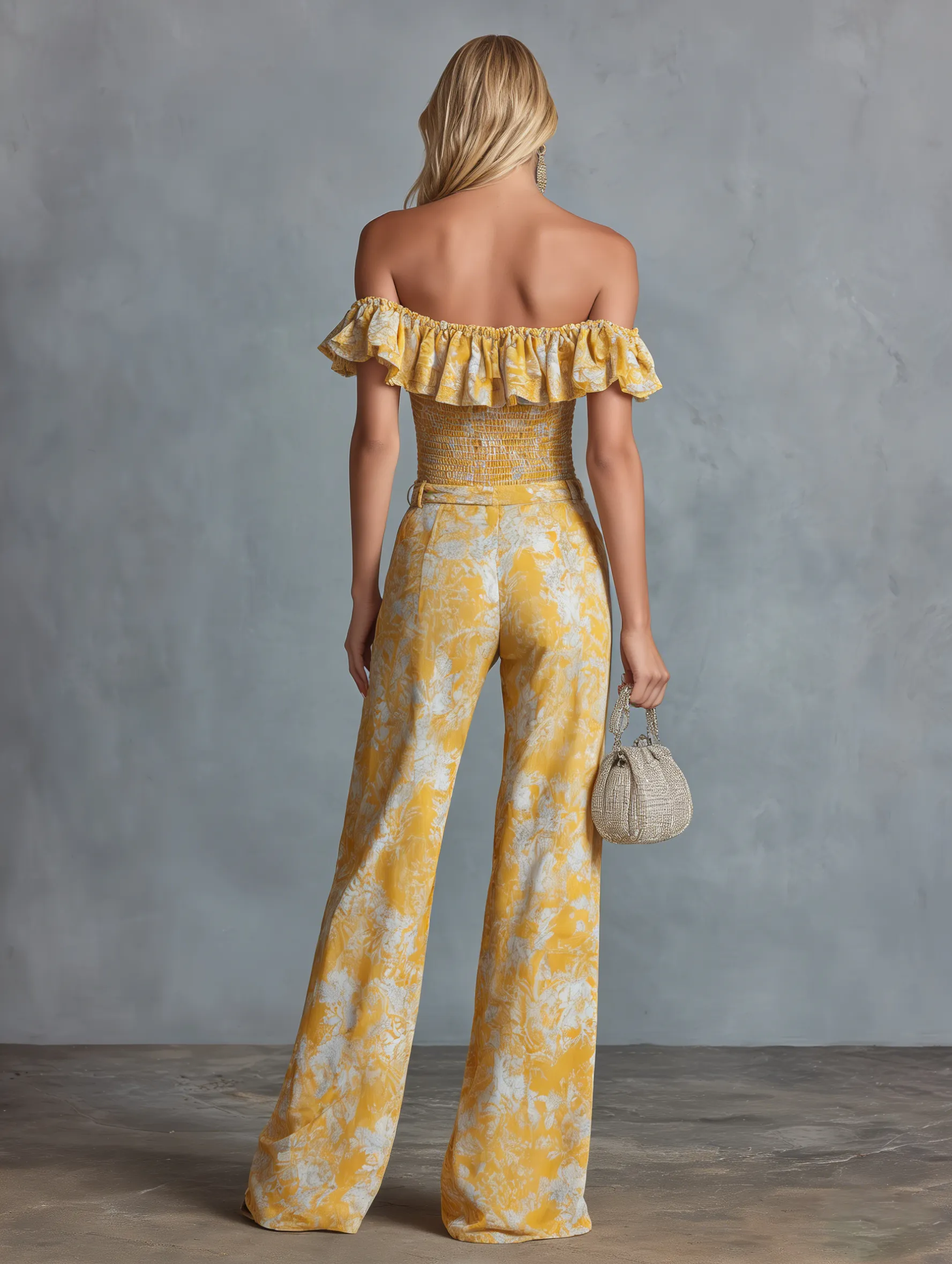 Stylish And Casual Off-the-shoulder Ruffled Top And Printed Chiffon Trousers Set sold by Oyrosy product image thumbnail 3