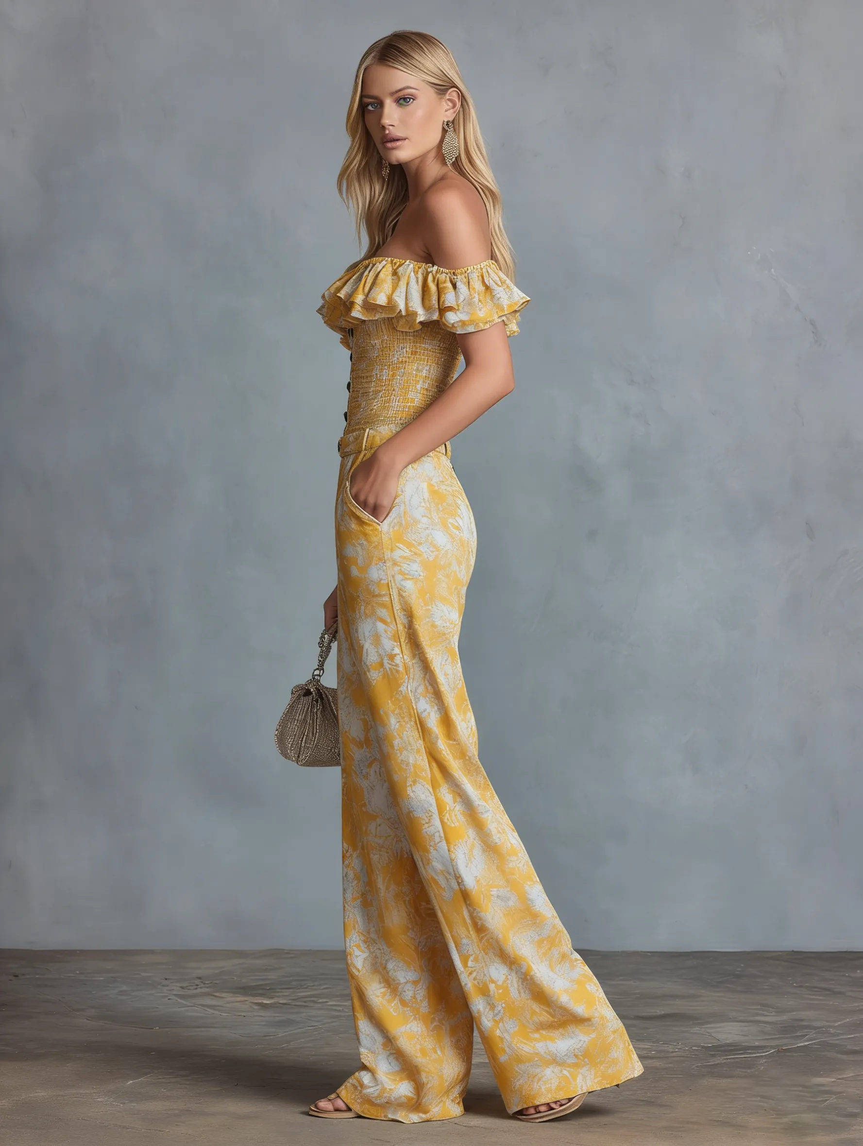 Stylish And Casual Off-the-shoulder Ruffled Top And Printed Chiffon Trousers Set sold by Oyrosy product image thumbnail 2