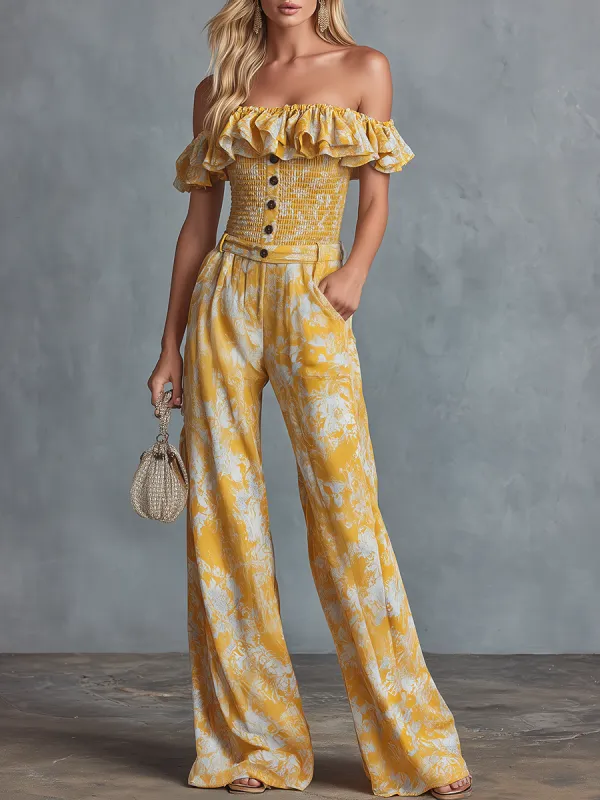 Stylish And Casual Off-the-shoulder Ruffled Top And Printed Chiffon Trousers Set made by Oyrosy