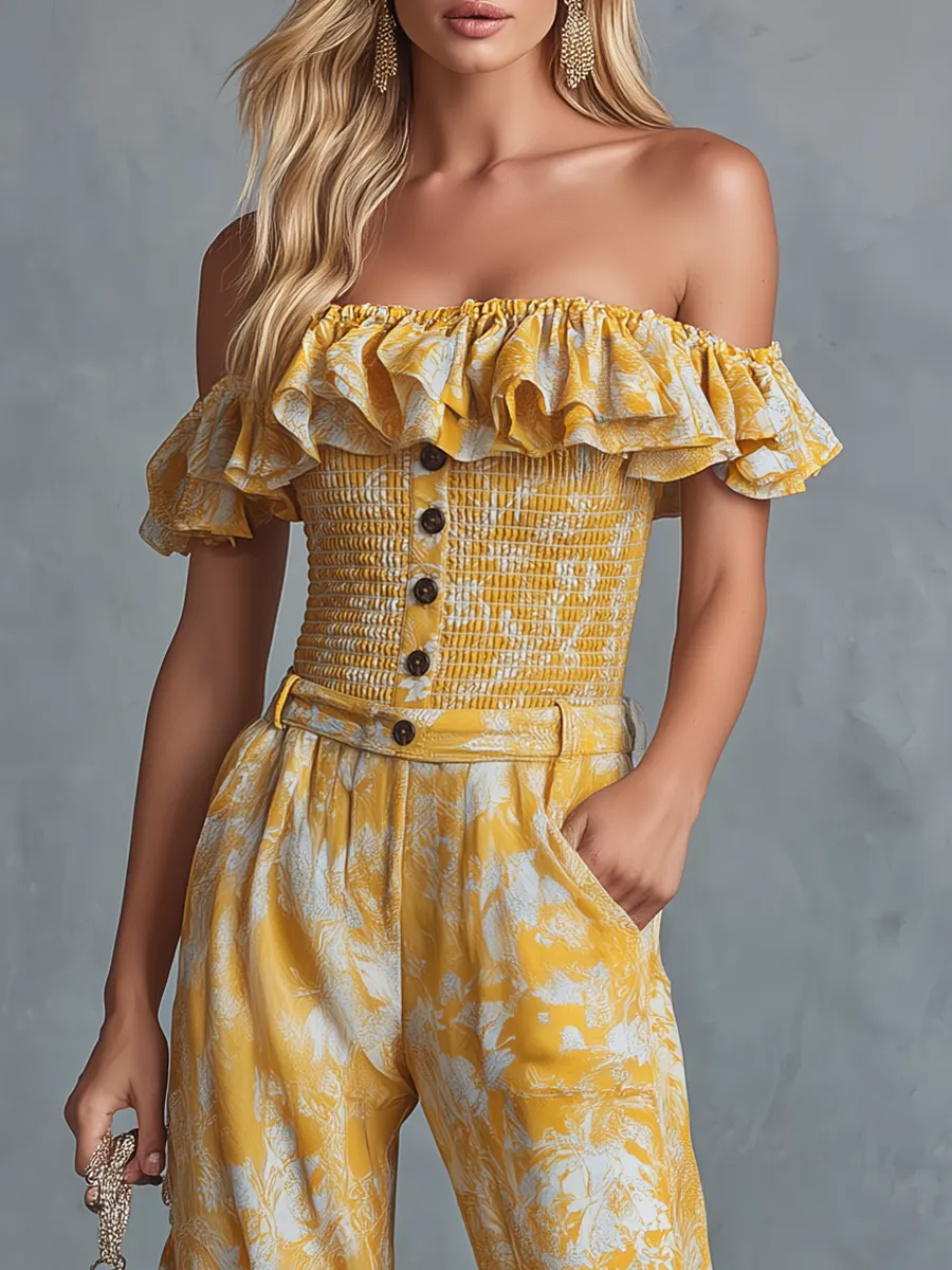 Stylish And Casual Off-the-shoulder Ruffled Top And Printed Chiffon Trousers Set sold by Oyrosy product image thumbnail 5