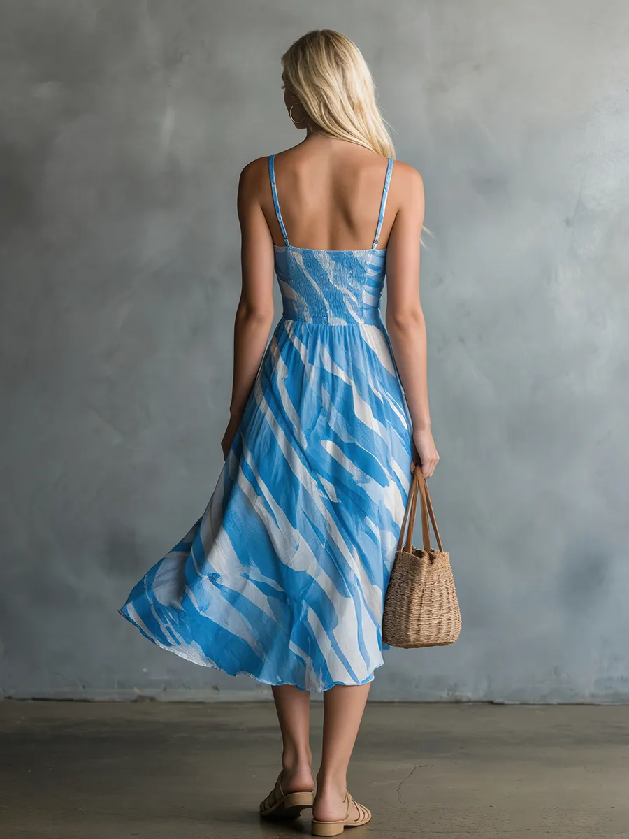 Retro-chic Square Neck Button Striped Print Chiffon Midi Dress sold by Oyrosy product image thumbnail 3
