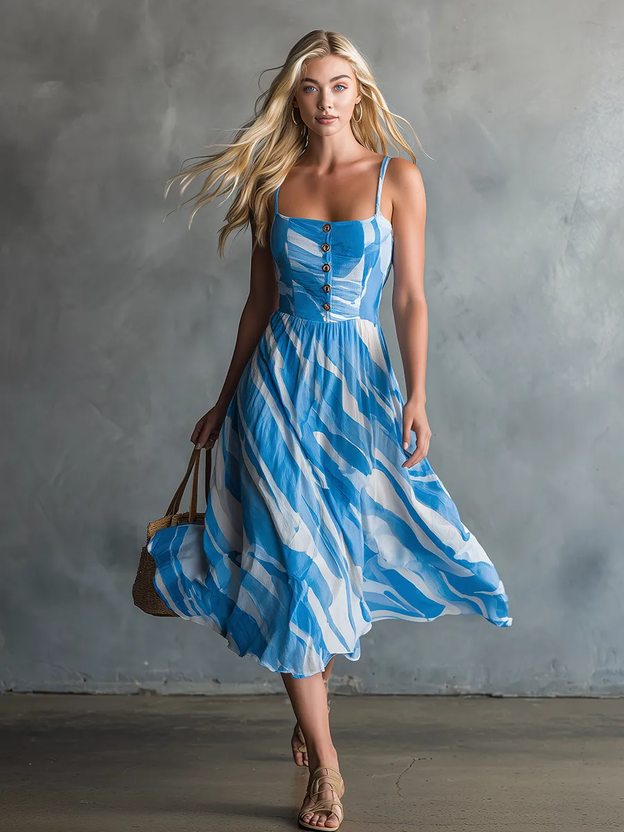 Retro-chic Square Neck Button Striped Print Chiffon Midi Dress sold by Oyrosy product image thumbnail 4
