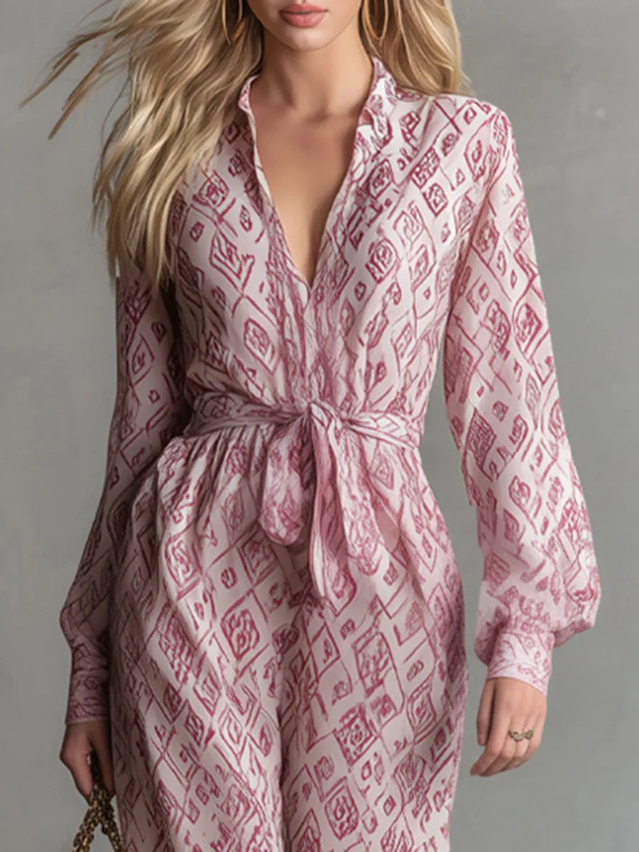 Casual And Comfortable Long-sleeved V-neck Printed Chiffon Jumpsuit sold by Oyrosy product image thumbnail 5