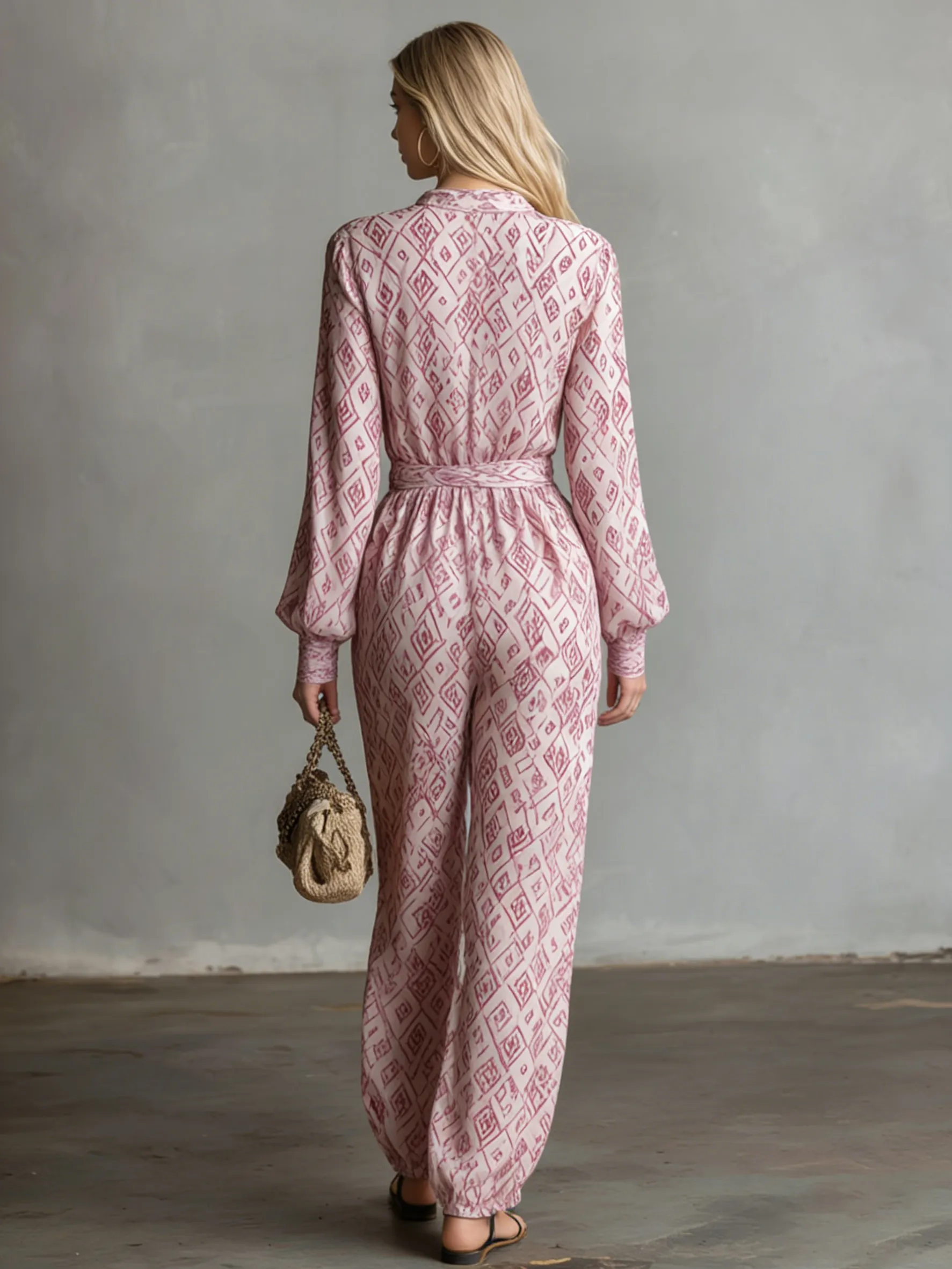 Casual And Comfortable Long-sleeved V-neck Printed Chiffon Jumpsuit sold by Oyrosy product image thumbnail 3
