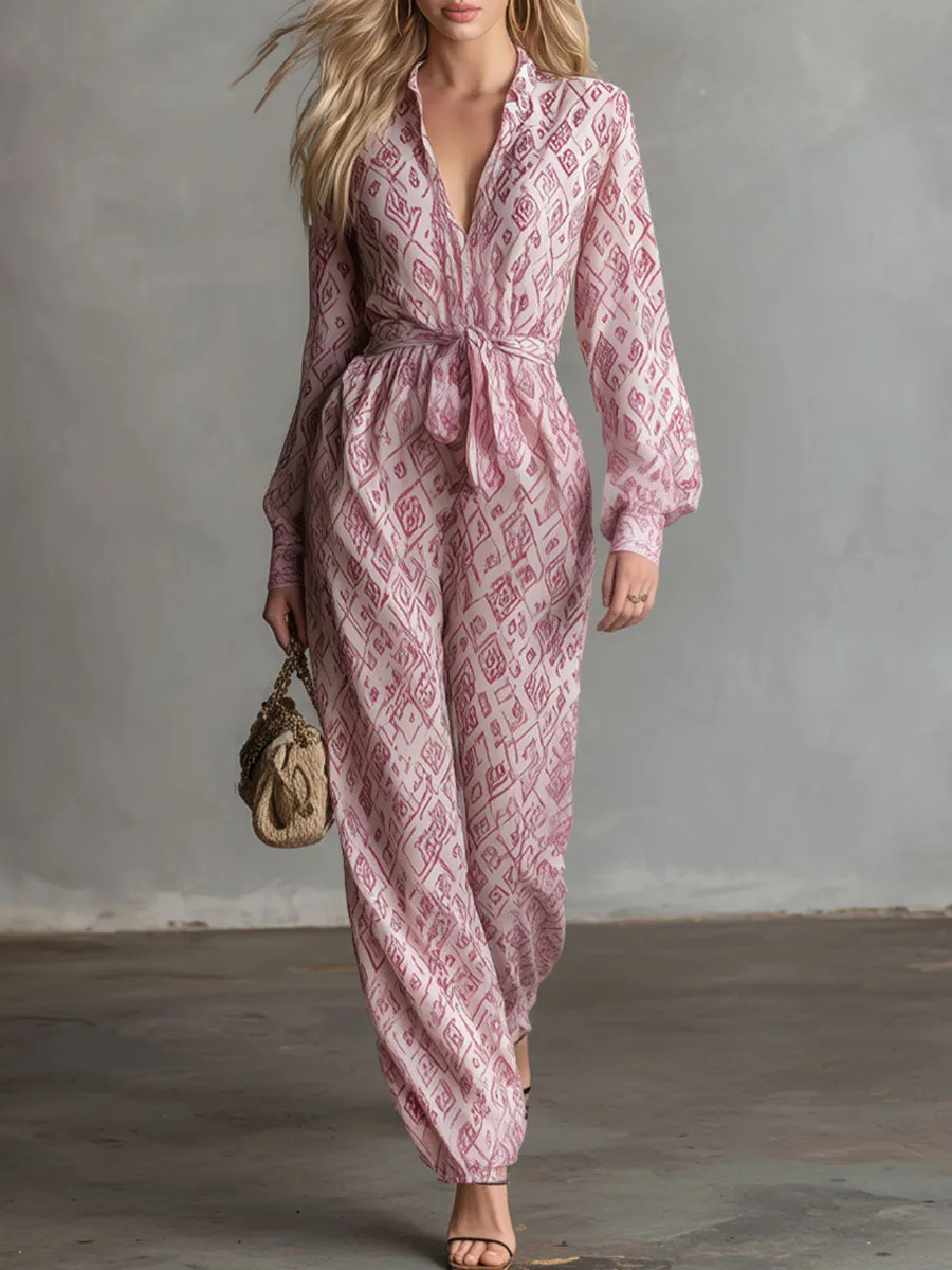 Casual And Comfortable Long-sleeved V-neck Printed Chiffon Jumpsuit sold by Oyrosy