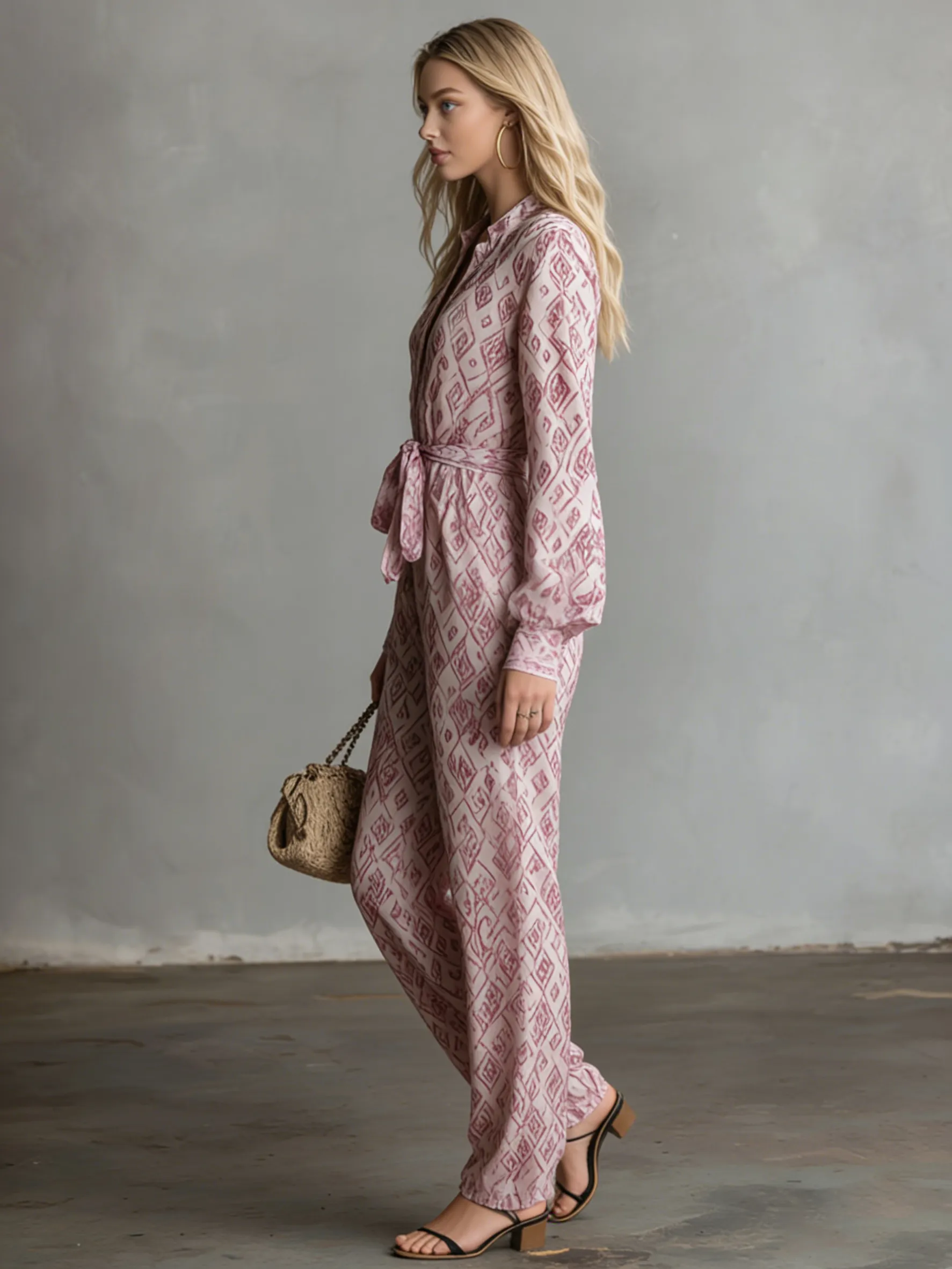 Casual And Comfortable Long-sleeved V-neck Printed Chiffon Jumpsuit sold by Oyrosy product image thumbnail 2