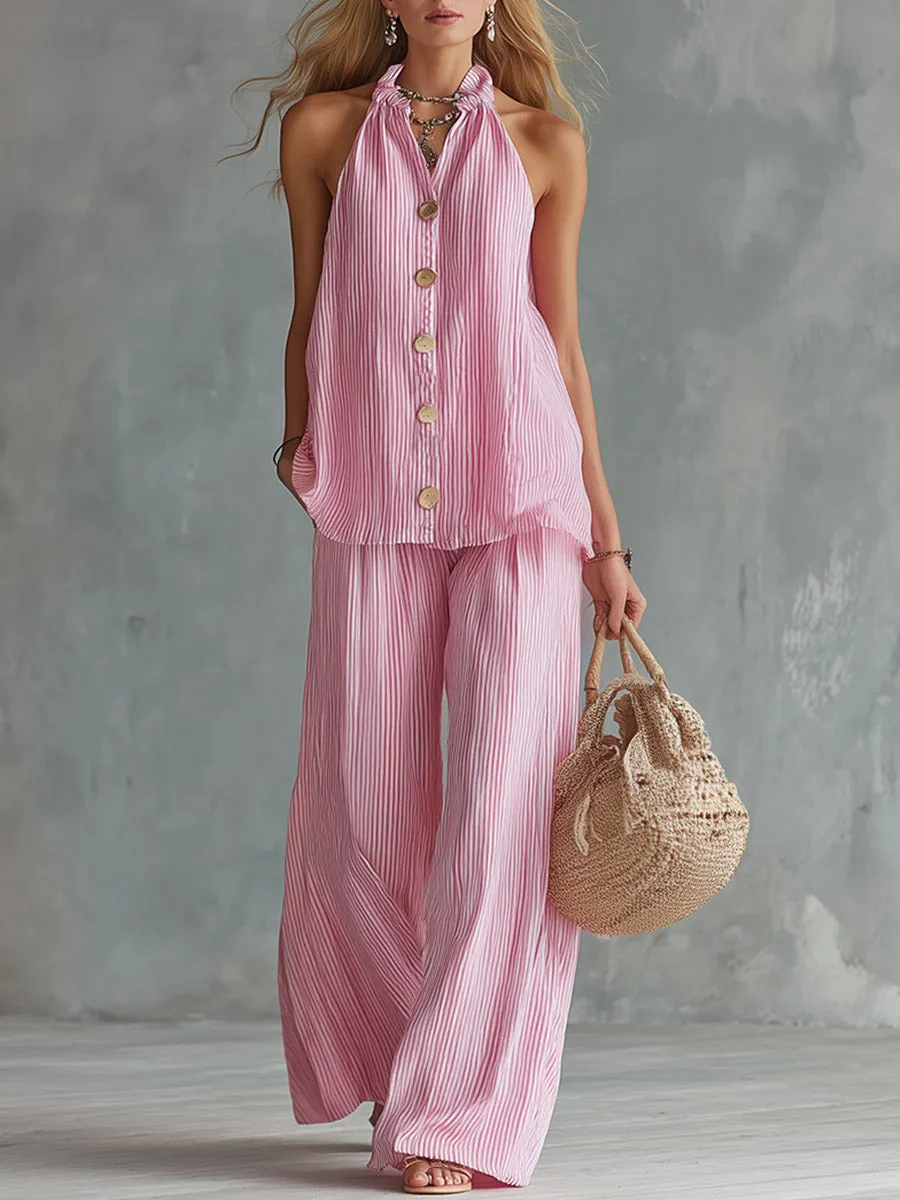 Chic & Classic Lightweight Pink Striped Halter Vest And Wide-Leg Pants Set sold by Oyrosy