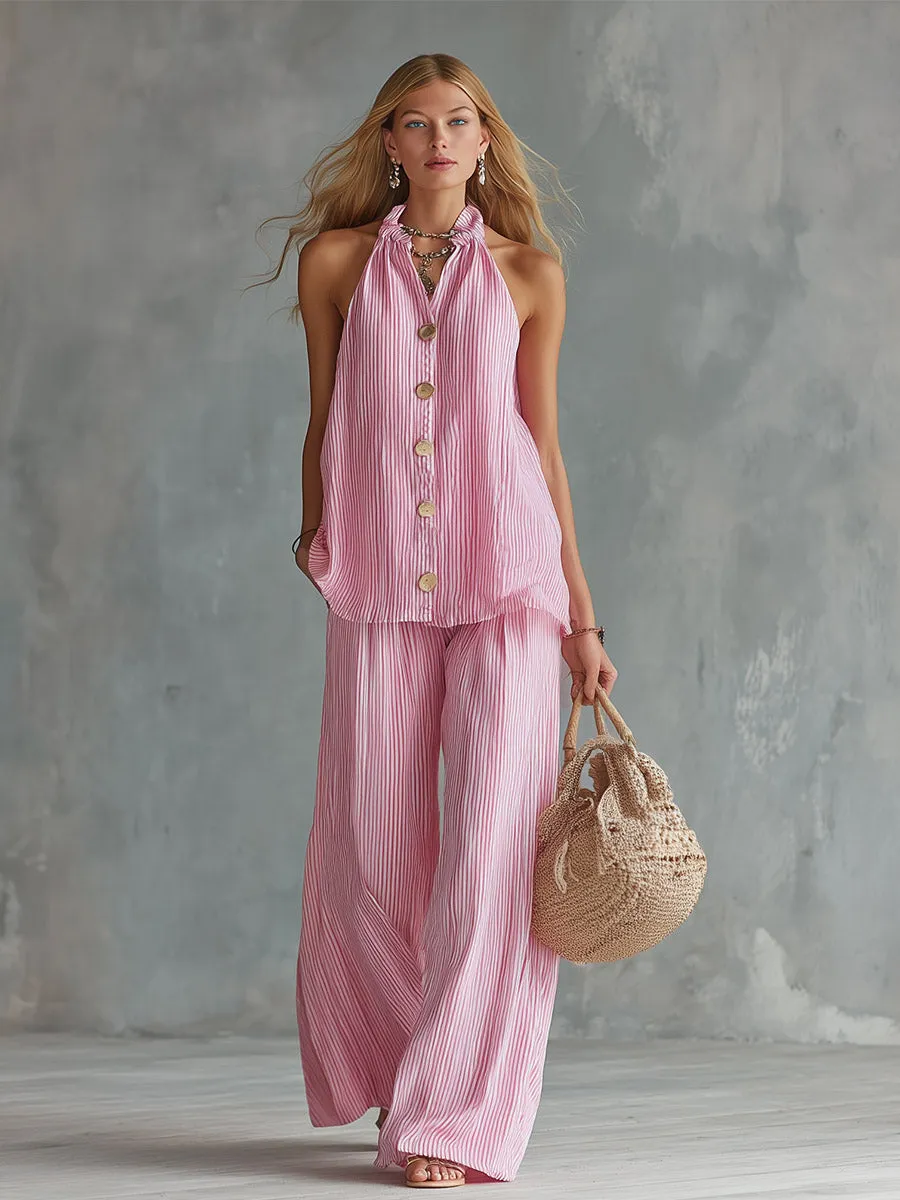 Chic & Classic Lightweight Pink Striped Halter Vest And Wide-Leg Pants Set sold by Oyrosy product image thumbnail 2