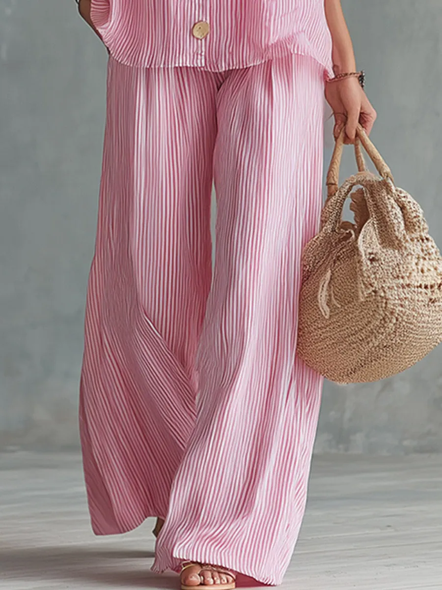 Chic & Classic Lightweight Pink Striped Halter Vest And Wide-Leg Pants Set sold by Oyrosy product image thumbnail 4