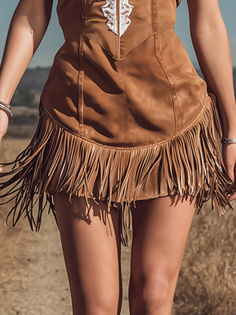 Retro Western-Style Fringe Light Brown Faux Suede Sleeveless Mini Dress sold by Oyrosy product image thumbnail 4