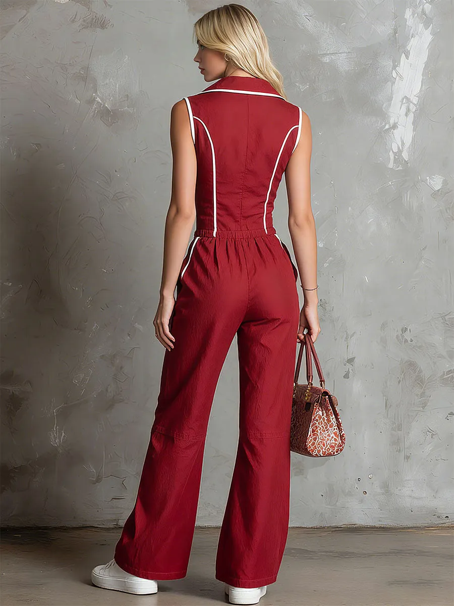 Casual Retro Red Collared Button Sleeveless Cotton-linen Blend Jumpsuit sold by Oyrosy product image thumbnail 3