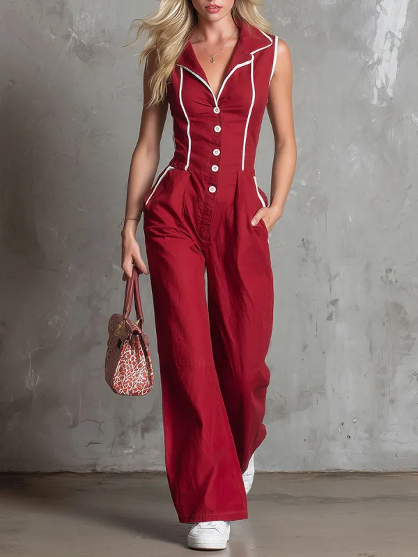 Casual Retro Red Collared Button Sleeveless Cotton-linen Blend Jumpsuit made by Oyrosy