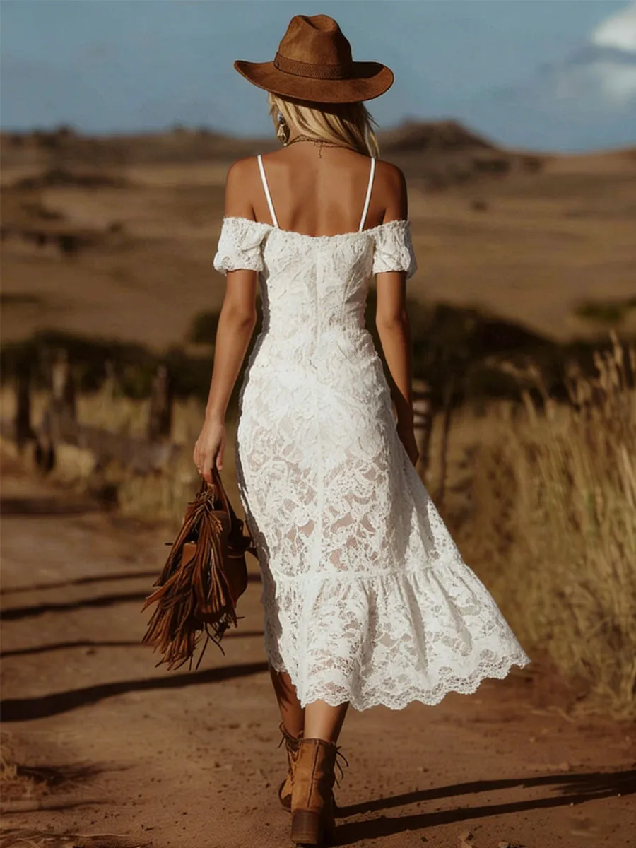 Retro Off-shoulder Short-sleeved Lace Midi Dress sold by Oyrosy product image thumbnail 3
