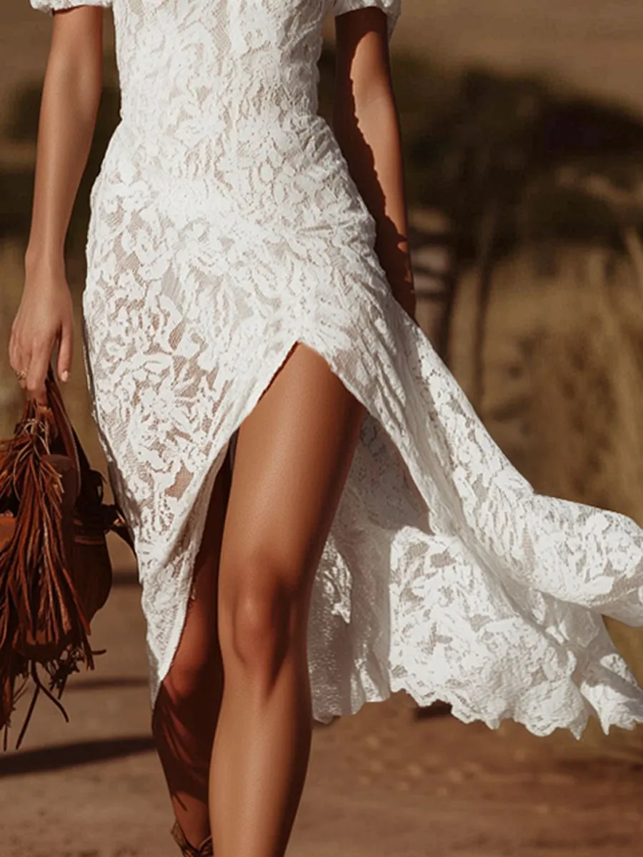 Retro Off-shoulder Short-sleeved Lace Midi Dress sold by Oyrosy product image thumbnail 5