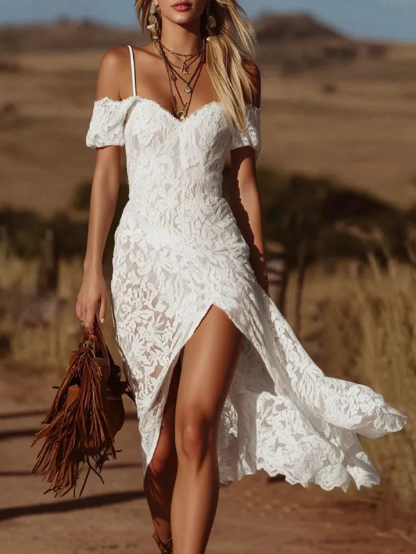 Retro Off-shoulder Short-sleeved Lace Midi Dress made by Oyrosy