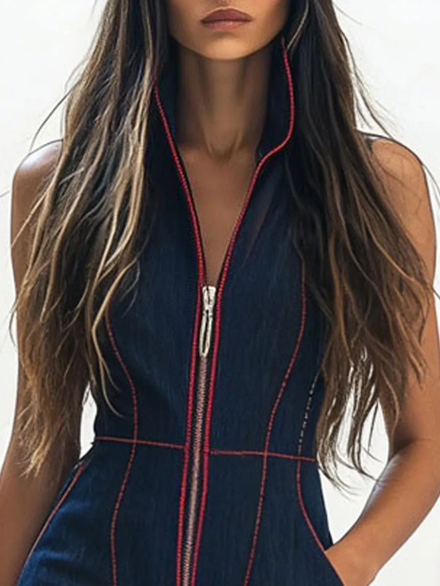 Western Retro Red Line Dark Blue Denim Sleeveless Shorts Jumpsuit sold by Oyrosy product image thumbnail 5