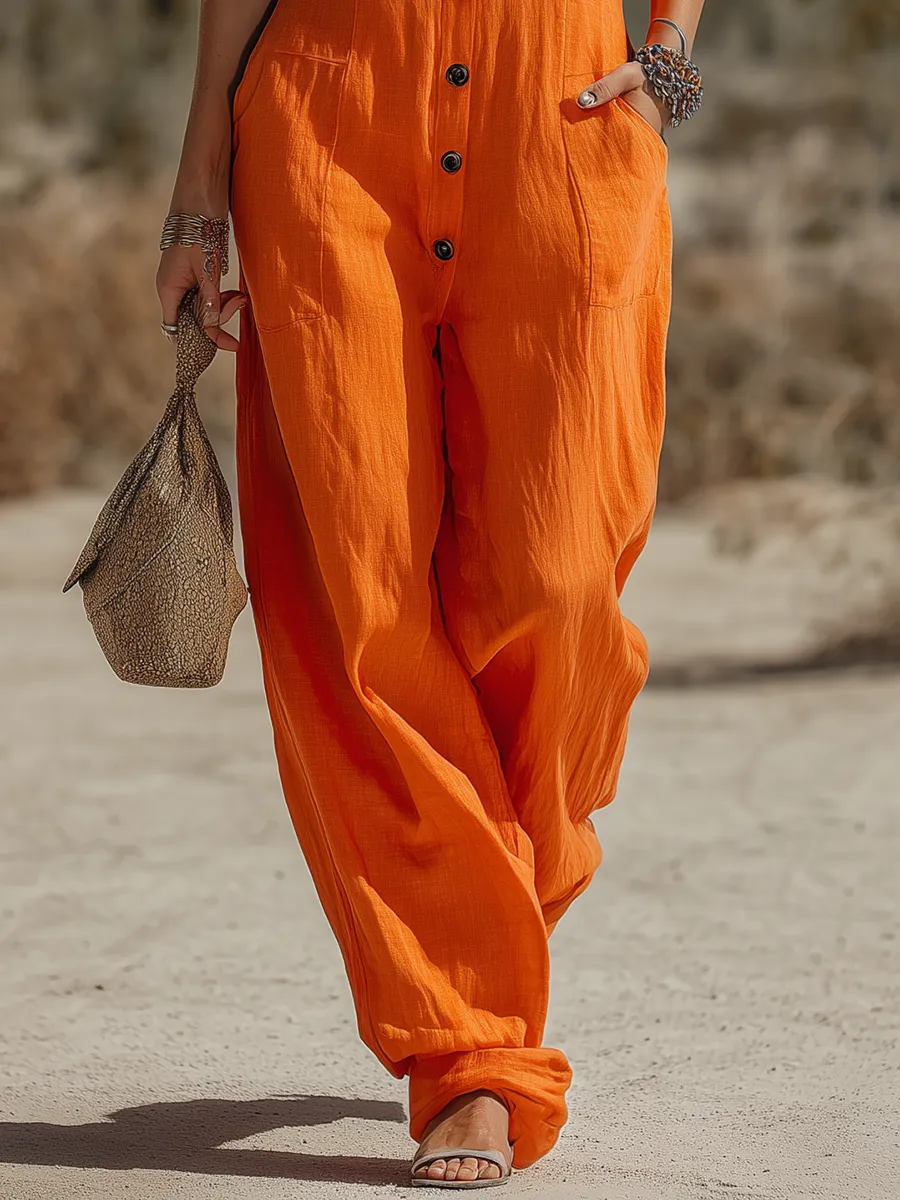 Casual Retro Western Lapel Sleeveless Multiple Pockets Cotton-Linen Jumpsuit sold by Oyrosy product image thumbnail 4