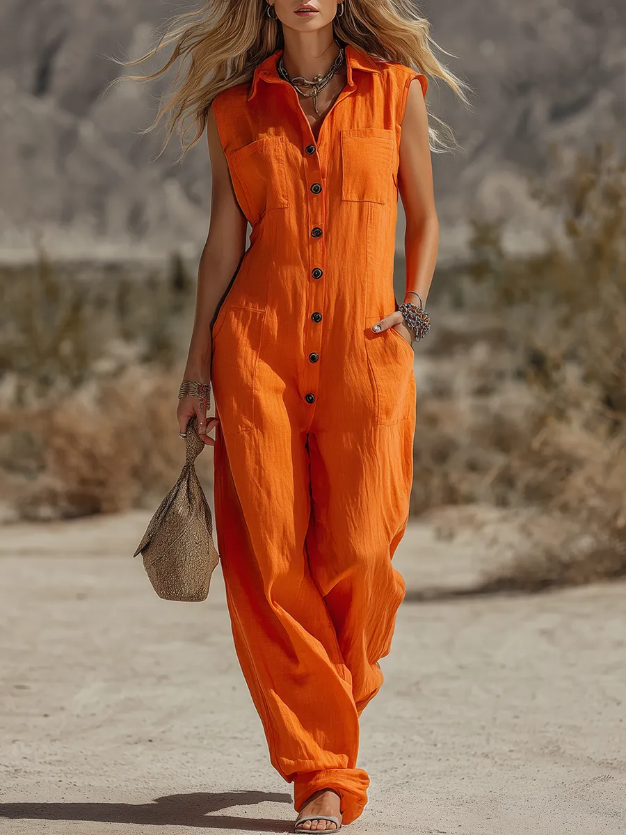 Casual Retro Western Lapel Sleeveless Multiple Pockets Cotton-Linen Jumpsuit sold by Oyrosy