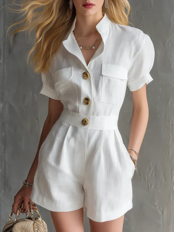 Elegant Casual Solid-Color Short-Sleeve Cotton-Linen Romper made by Oyrosy
