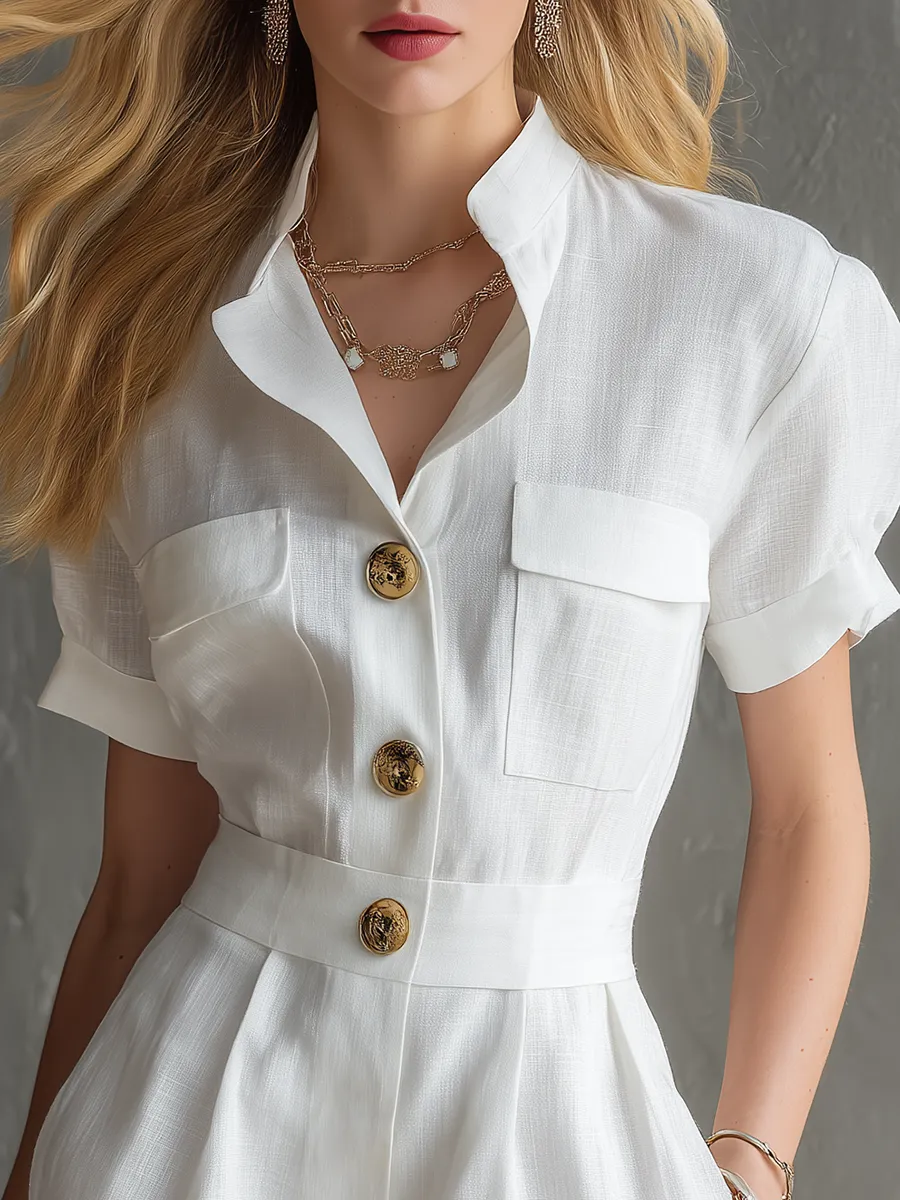 Elegant Casual Solid-Color Short-Sleeve Cotton-Linen Romper sold by Oyrosy product image thumbnail 3