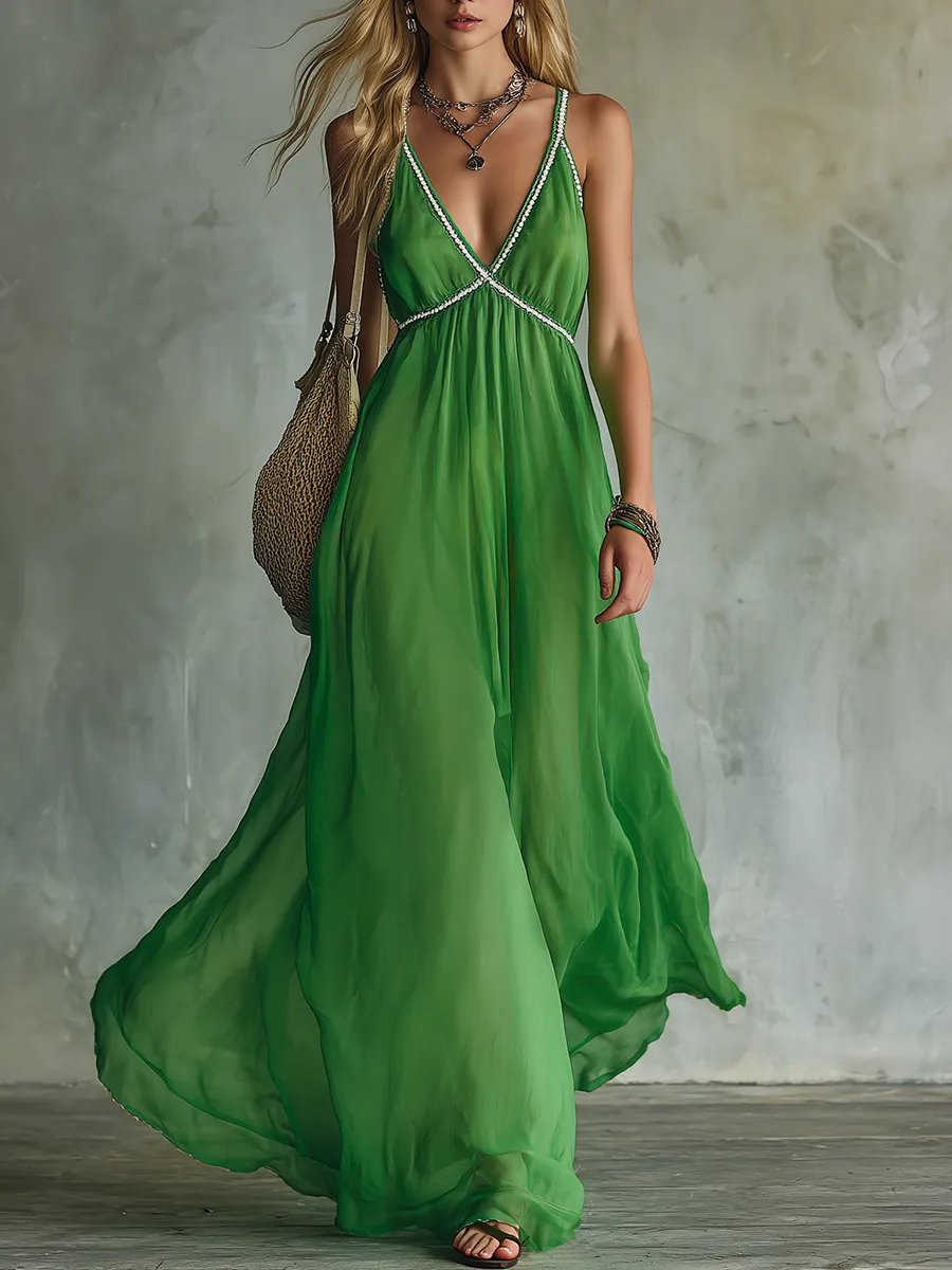 Elegant And Relaxed V-neck Sleeveless A-line Solid Color Chiffon Long Dress sold by Oyrosy