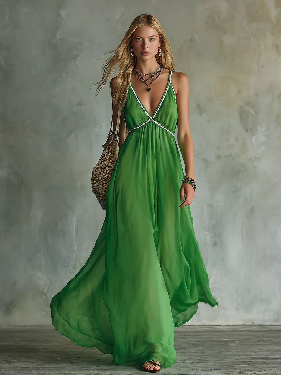 Elegant And Relaxed V-neck Sleeveless A-line Solid Color Chiffon Long Dress sold by Oyrosy product image thumbnail 4