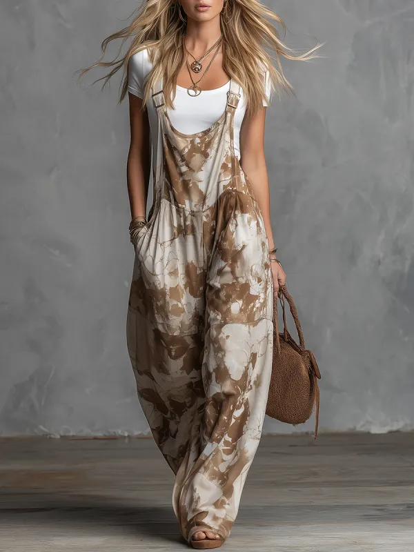 Retro Relaxed Casual Sleeveless Printed Chiffon Overalls made by Oyrosy