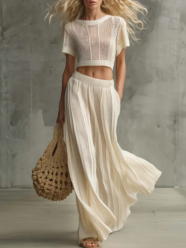 Breathable Stylish Vacation Cream Open-Knit Crewneck Top And Maxi Skirt Set made by Oyrosy