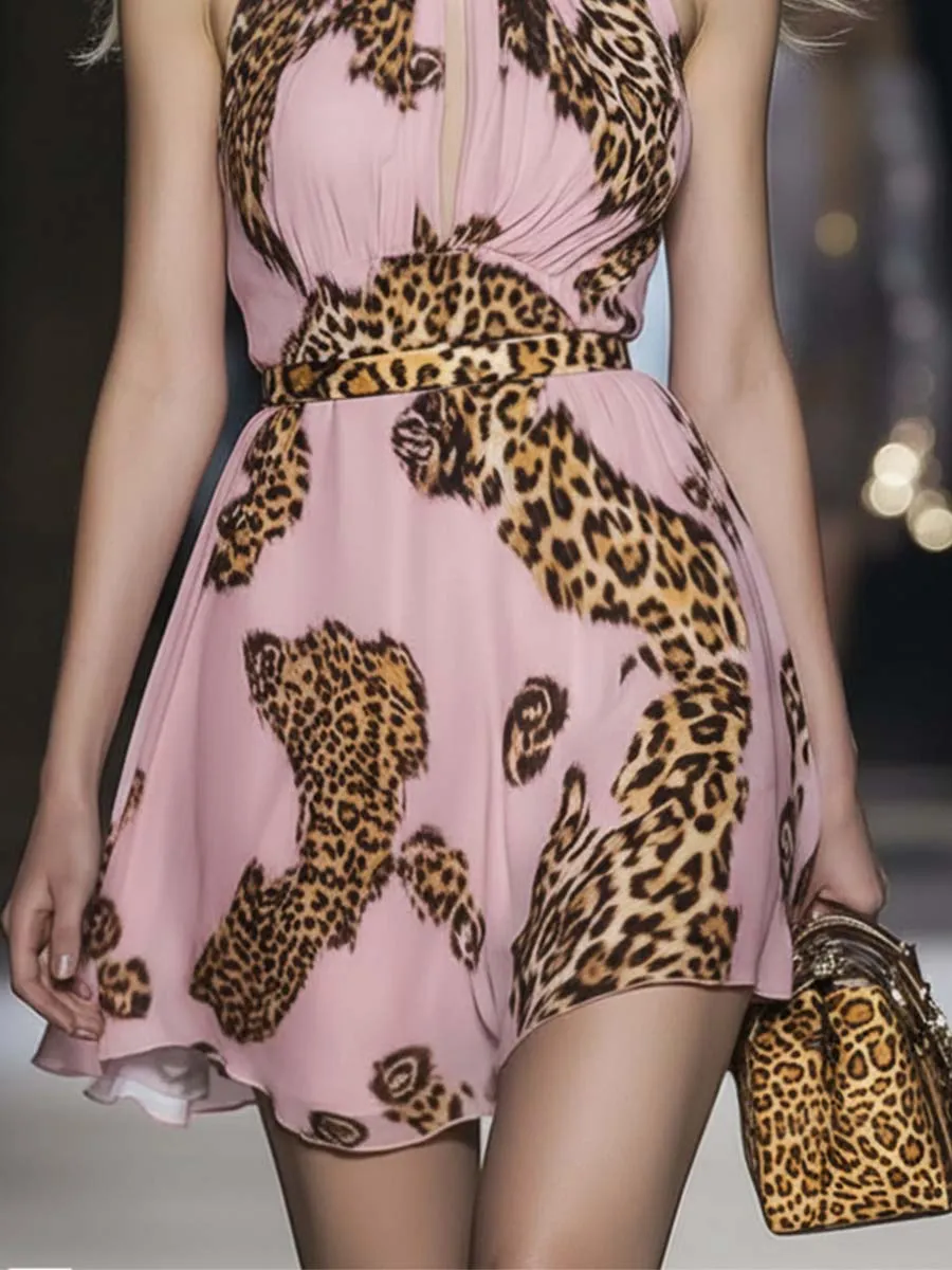 Retro Flowy Vacation Halter Neck Leopard Print Pink Chiffon Mini Dress sold by Oyrosy product image thumbnail 4