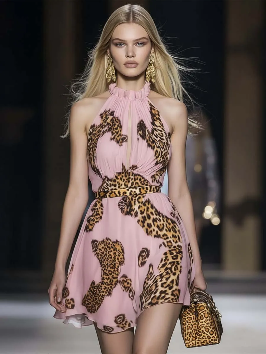 Retro Flowy Vacation Halter Neck Leopard Print Pink Chiffon Mini Dress sold by Oyrosy product image thumbnail 2