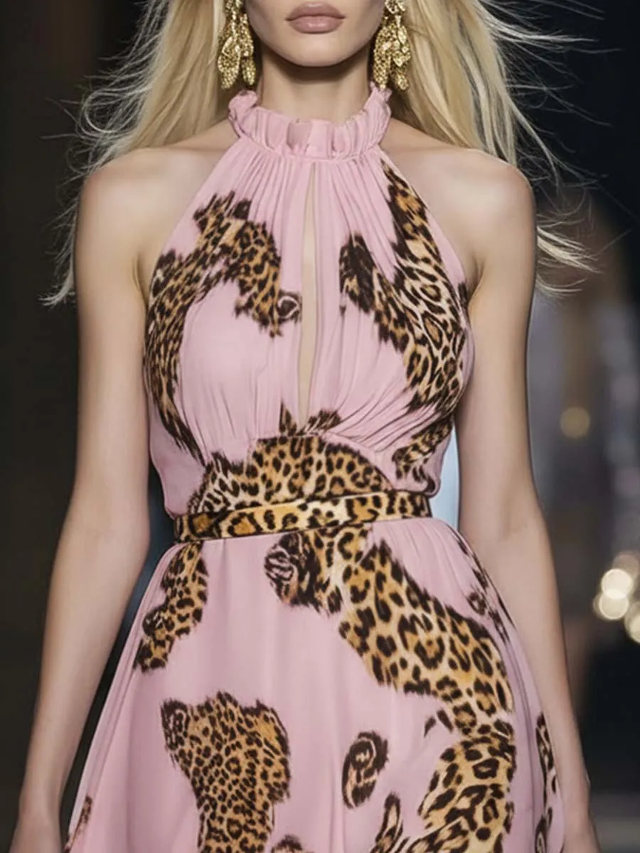 Retro Flowy Vacation Halter Neck Leopard Print Pink Chiffon Mini Dress sold by Oyrosy product image thumbnail 3