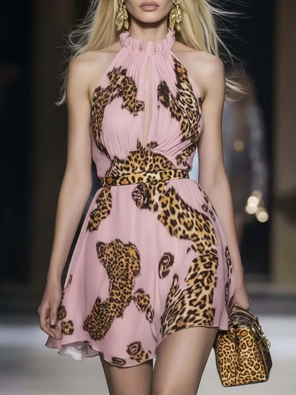 Retro Flowy Vacation Halter Neck Leopard Print Pink Chiffon Mini Dress made by Oyrosy