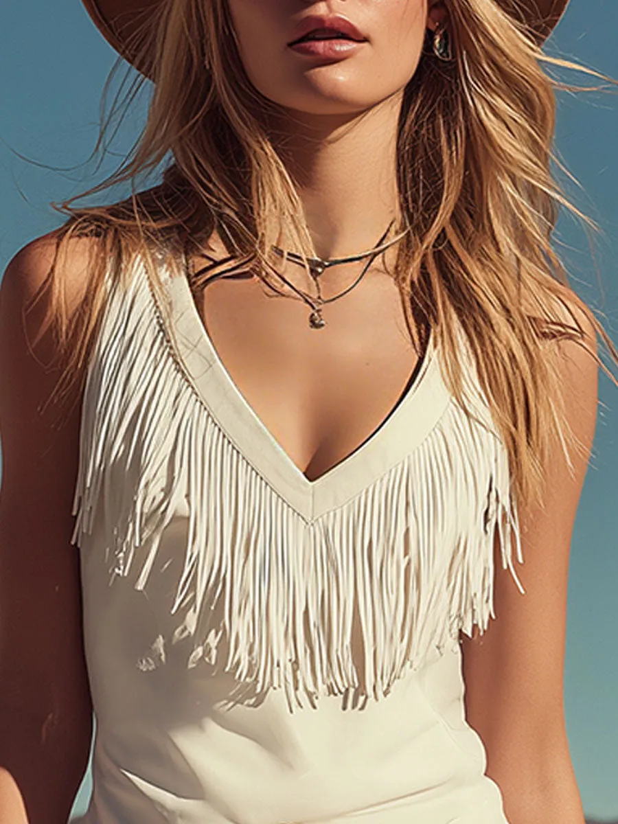 Western Retro Style Fringed White Sleeveless Faux Suede Top And Brown Skirt Set sold by Oyrosy product image thumbnail 5