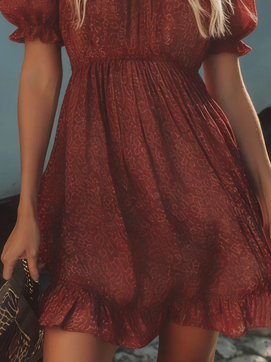 Retro Textured Printed Off-shoulder Short-sleeved Chiffon Mini Dress sold by Oyrosy product image thumbnail 5