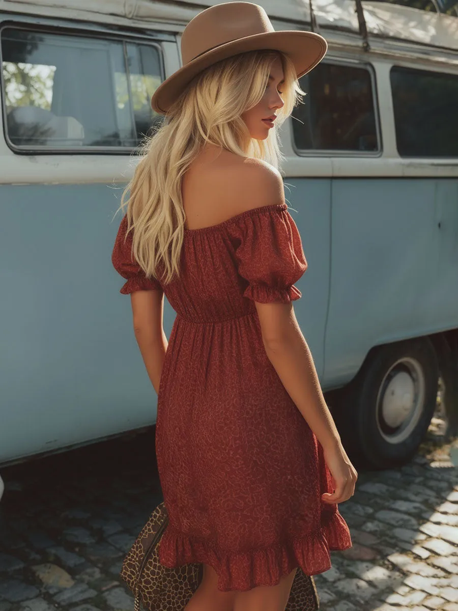 Retro Textured Printed Off-shoulder Short-sleeved Chiffon Mini Dress sold by Oyrosy product image thumbnail 3