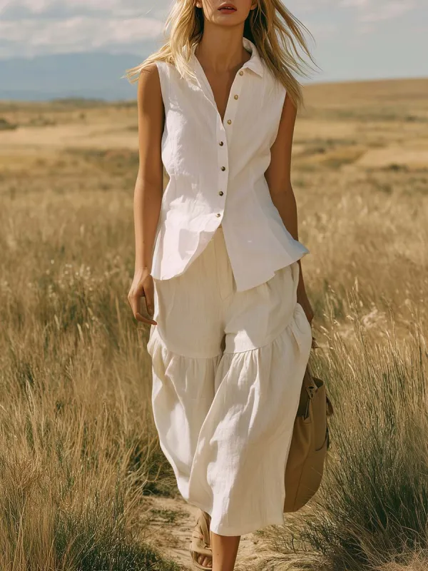 Elegant Western Vacation White Cotton-Linen Collared Button-Front Top And Ruffled Pants Set made by Oyrosy