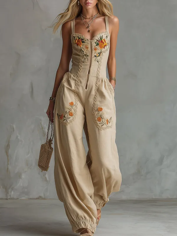 Retro Bohemian Embroidered Beige Cotton-Linen Sleeveless Wide-Leg Jumpsuit made by Oyrosy