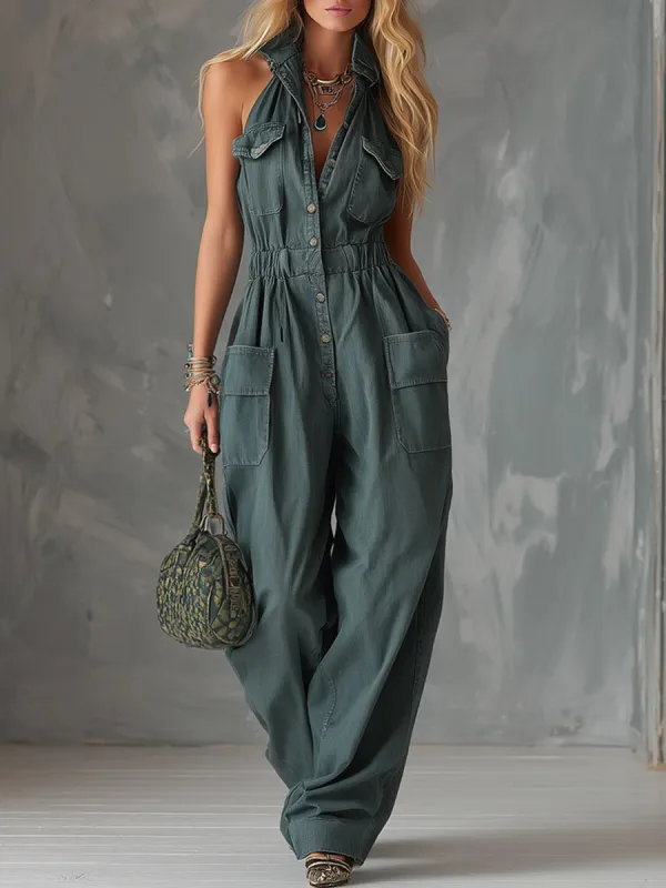 Casual Retro Green Denim Lapel Wide-Leg Jumpsuit made by Oyrosy