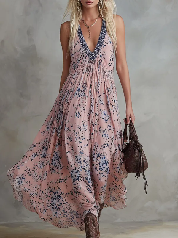Retro Classic Floral Print Pink Chiffon V-Neck Sleeveless Maxi Dress made by Oyrosy